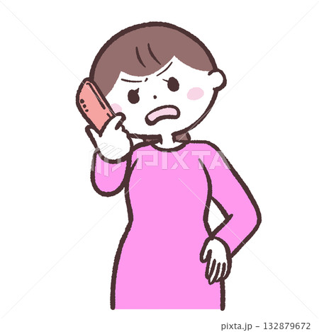 イライラしながらスマホで話す女性のイラスト イライラしながらスマホで話す女性のイラスト 132879672