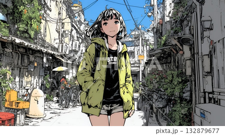 都会の治安の悪そうな場所にいる若い女性 132879677