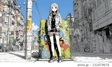 都会の治安の悪そうな場所にいる若い女性