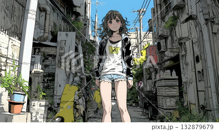 都会の治安の悪そうな場所にいる若い女性