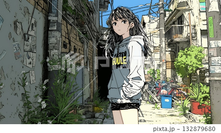 都会の治安の悪そうな場所にいる若い女性