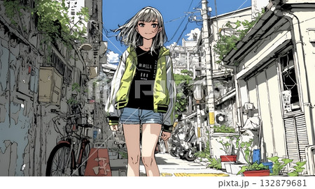 都会の治安の悪そうな場所にいる若い女性 132879681