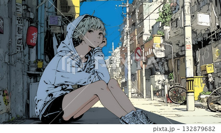 都会の治安の悪そうな場所にいる若い女性