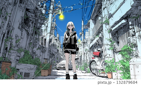 都会の治安の悪そうな場所にいる若い女性