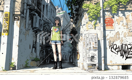 都会の治安の悪そうな場所にいる若い女性 都会の治安の悪そうな場所にいる若い女性 132879685