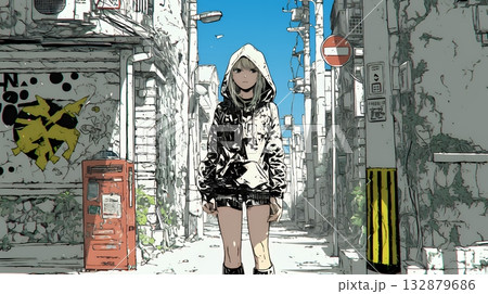 都会の治安の悪そうな場所にいる若い女性