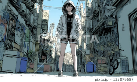 都会の治安の悪そうな場所にいる若い女性