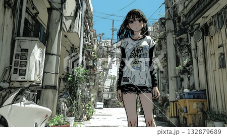 都会の治安の悪そうな場所にいる若い女性