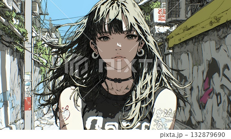 都会の治安の悪そうな場所にいる若い女性