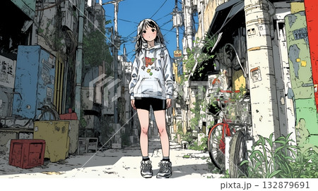 都会の治安の悪そうな場所にいる若い女性