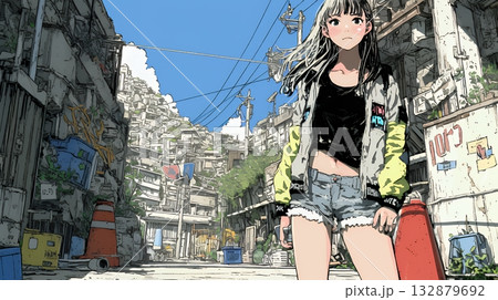 都会の治安の悪そうな場所にいる若い女性