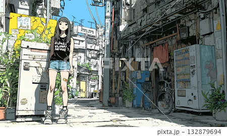 都会の治安の悪そうな場所にいる若い女性 132879694