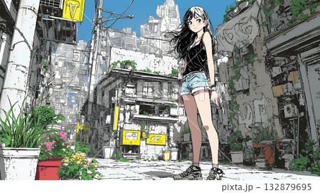 都会の治安の悪そうな場所にいる若い女性