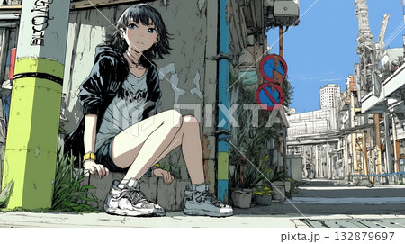 都会の治安の悪そうな場所にいる若い女性 都会の治安の悪そうな場所にいる若い女性 132879697