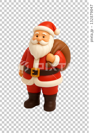 A cute Santa Claus figure in a red suit holding a gift sack, isolated on transparent background 132879847