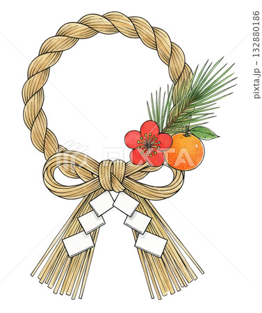 縁起物の松竹梅とみかんが飾られたしめ縄飾りのイラスト 132880186