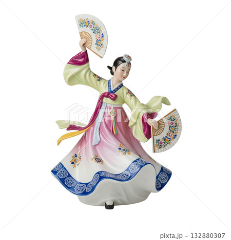 Porcelain figurine of a korean woman in a traditional hanbok dress performing a fan dance 132880307