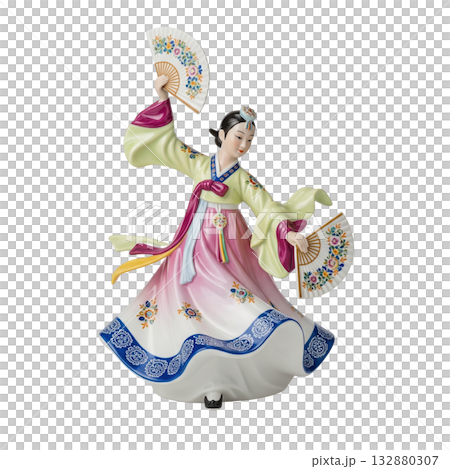 Porcelain figurine of a korean woman in a traditional hanbok dress performing a fan dance 132880307