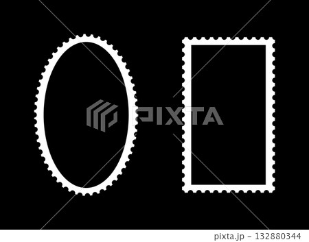 Postage stamp retro empty frames template. White borders for postcards, letters. Set of blank simple oval, rectangular vintage stamps borders. Flat boxes with curvy, wiggly, wavy perforated edges. 132880344