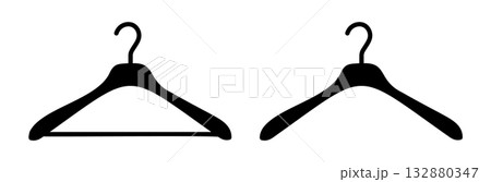 Hanger wardrobe icon. Cloakroom black silhouette pictogram collection. Dry cleaning pattern, clothing store sign. Clothes rack, service symbol set. Hanger wardrobe icon. Cloakroom black silhouette pictogram collection. Dry cleaning pattern, clothing store sign. Clothes rack, service symbol set. 132880347