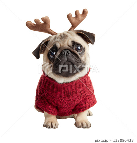 Cute Pug Wearing a Red Sweater and Reindeer Antlers in a Festive Setting 132880435