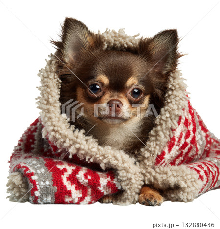 Cozy Chihuahua Wrapped in a Warm Blanket, Enjoying a Peaceful Moment Indoors 132880436