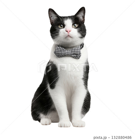 Cat in Black and White Fur Wears a Stylish Bow Tie, Posing With Confidence Indoors 132880486