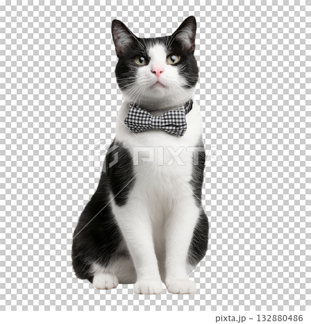 Cat in Black and White Fur Wears a Stylish Bow Tie, Posing With Confidence Indoors 132880486