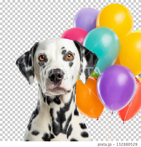 Dalmatian Dog Sits Proudly in Front of Colorful Balloons for a Celebration 132880529