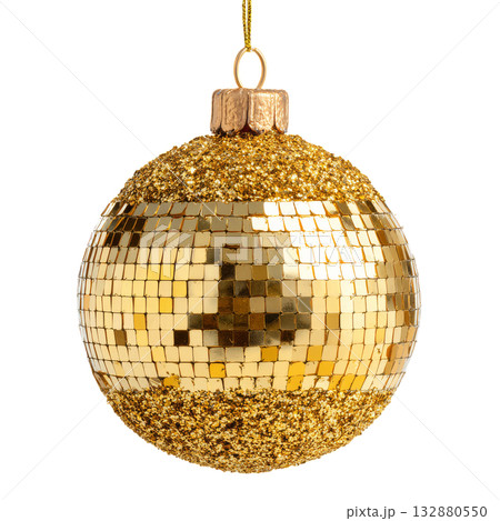 Shimmering Gold Disco Ball Reflecting Light at a Festive Celebration in a Decorated Venue. Shimmering Gold Disco Ball Reflecting Light at a Festive Celebration in a Decorated Venue. 132880550