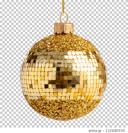 Shimmering Gold Disco Ball Reflecting Light at a Festive Celebration in a Decorated Venue. Shimmering Gold Disco Ball Reflecting Light at a Festive Celebration in a Decorated Venue. 132880550