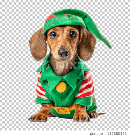 Small Dog Dressed in a Green Outfit With Hat Poses for the Camera During a Fun Event. Small Dog Dressed in a Green Outfit With Hat Poses for the Camera During a Fun Event. 132880551