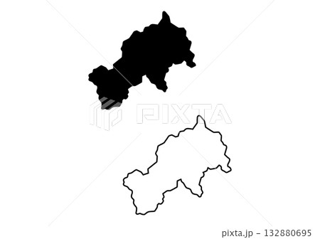 Two graphical representations show a solid black silhouette of a land area and its corresponding detailed outline Two graphical representations show a solid black silhouette of a land area and its corresponding detailed outline 132880695