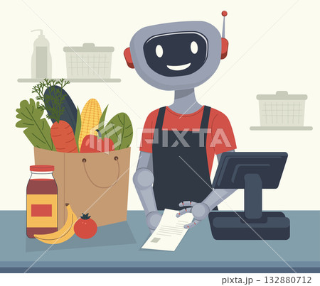 Friendly Robot Cashier with Groceries Friendly Robot Cashier with Groceries 132880712