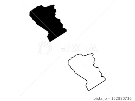 This image presents an elongated black silhouette and its clean linear outline for various map interpretations 132880736