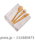 Top View Bamboo Cutlery Set On Beige Linen Napkin Isolated 132880873