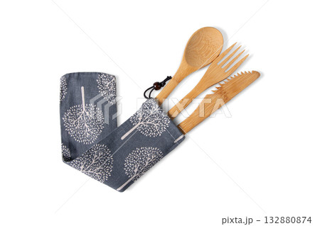 Eco-Friendly Bamboo Cutlery Set In Fabric Pouch For Travel Eco-Friendly Bamboo Cutlery Set In Fabric Pouch For Travel 132880874