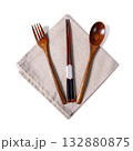 Wooden Fork Spoon Chopsticks Set On Linen Napkin White Background 132880875