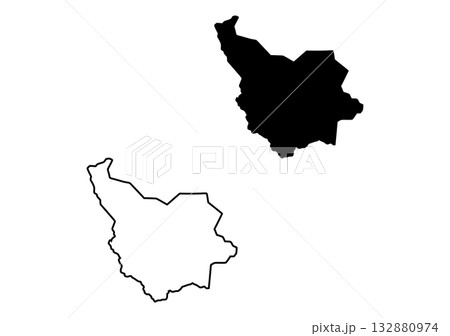 Bold black silhouette and matching white outline show an angular, somewhat pentagonal land territory shape Bold black silhouette and matching white outline show an angular, somewhat pentagonal land territory shape 132880974
