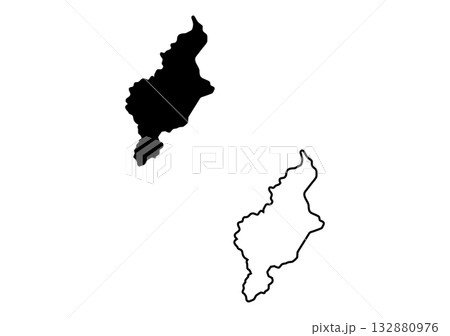Black solid shape and outline of the Indian union territory of Jammu and Kashmir displayed on white 132880976