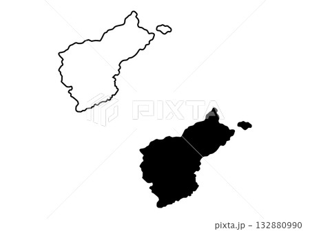 Black silhouette and white outline display an irregular narrow landmass form with a smaller detached island shape Black silhouette and white outline display an irregular narrow landmass form with a smaller detached island shape 132880990