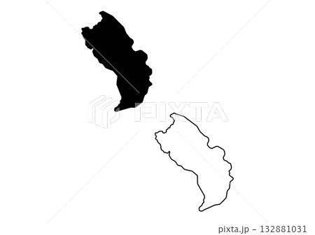 Black silhouette and precise outline map depicting a unique geographical landmass against a crisp white backdrop 132881031