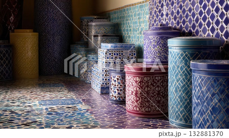 Moroccan Pottery Display Intricate Ceramic Designs and Tilework 132881370