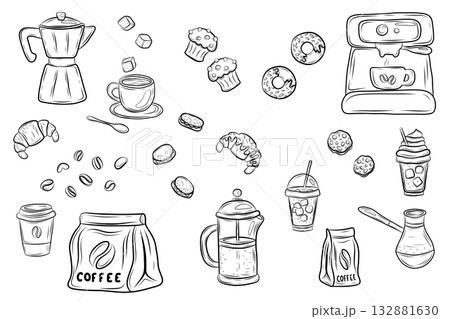 Coffee time doodle set with drinks and desserts Coffee time doodle set with drinks and desserts 132881630