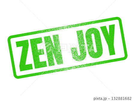 A distinctive green textured rubber stamp prominently features the harmonious words ZEN JOY on a white field A distinctive green textured rubber stamp prominently features the harmonious words ZEN JOY on a white field 132881682