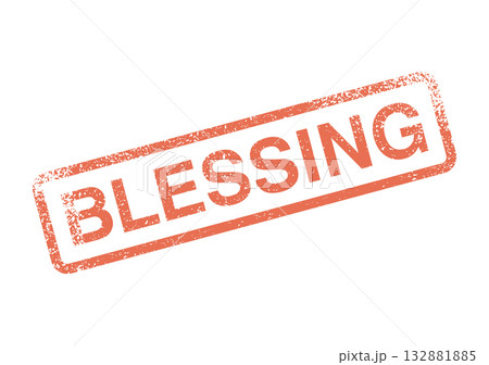 A red distressed rubber stamp impression clearly displaying the word Blessing with textured ink edges 132881885