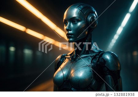 Metallic Android On Futuristic Metro Platform Metallic Android On Futuristic Metro Platform 132881938