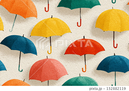 Rainy season. Colored rain umbrellas equidistant from each other. Seamless pattern. Minimalist style. Drawing style. Rainy season. Colored rain umbrellas equidistant from each other. Seamless pattern. Minimalist style. Drawing style. 132882119