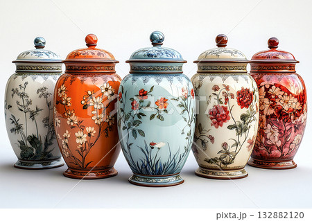 Kitchen porcelain. Ceramic containers with lid for storing groceries in a cottage style on a white background. 132882120