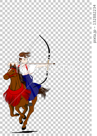 新年賀卡素材：挑戰流鏑馬（騎射）的女孩 - 直式版 132882234